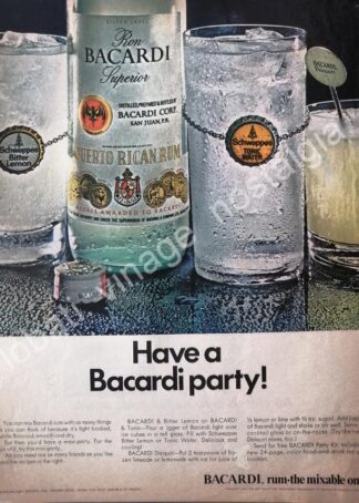 CARTEL ANTIGUO ORIGINAL DE RON BACARDI Y REFRESCOS SCHWEPPES 1969 / MUY RARO