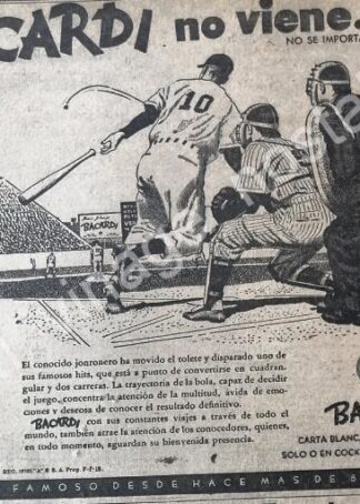 CARTEL ANTIGUO ORIGINAL DE RON BACARDI Y EL BEISBOL 1947