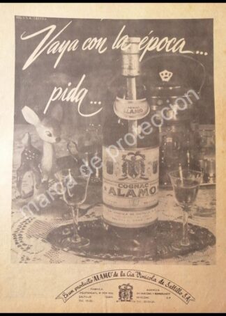 CARTEL ANTIGUO ORIGINAL DE COGNAC ALAMO 1950s / RARO