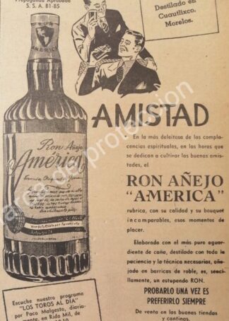 CARTEL ANTIGUO ORIGINAL DE RON AMERICA 1947. MUY RARO