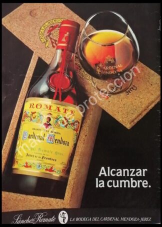 CARTEL ANTIGUO ORIGINAL DE BRANDY CARDENAL MENDOZA, ROMATE 1980s
