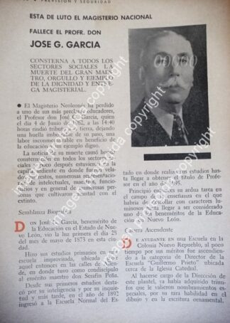 AFICHE RETRO. MUERE EL PROFESOR. JOSE G. GARCIA. 1963 /Monterrey /Maestros