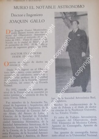 AFICHE RETRO. MUERE JOAQUIN GALLO 1966 /Cientificos. astronomos