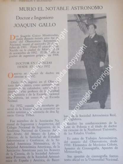 AFICHE RETRO. MUERE JOAQUIN GALLO 1966 /Cientificos. astronomos